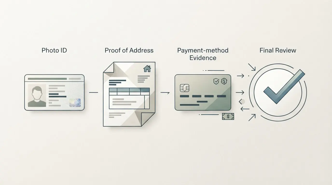 Neutral illustration af MoonWin KYC med identitet, adresse, betaling og dokumentgennemgang