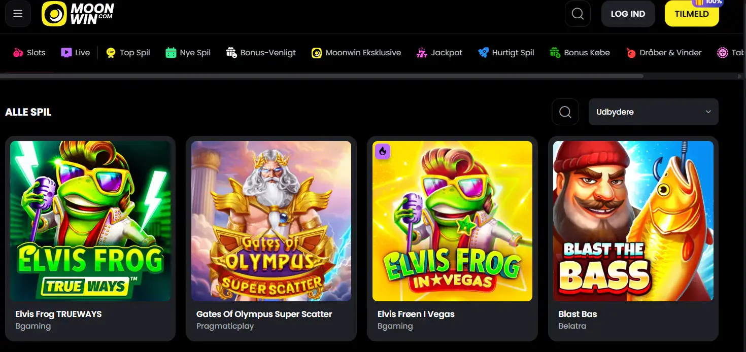 Skærmbillede af MoonWins officielle startside på desktop